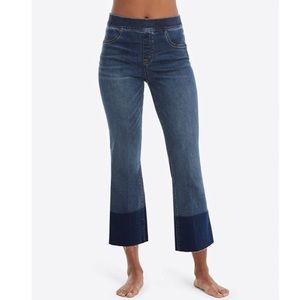 SPANX women’s cropped stretch flare pull on denim in medium wash raw hems in XS